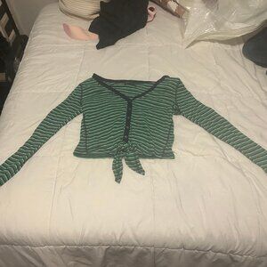 Abercrombie & Fitch green and navy striped tie-front cardigan sweater. 